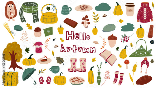 Cozy vector set of autumn icons, pumpkin,autumn leaves, berries, acorns, umbrella, rubber boots. Collection of fall elements for scrapbooking. Bright background for harvest time.