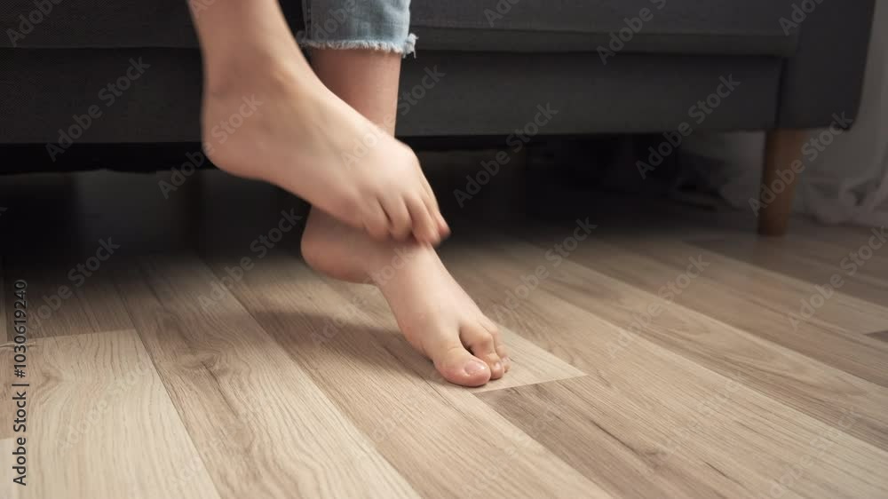 Foot pain concept. Ache young woman scratch feet, itch foot, problem itchy skin on floor at home, dermatitis from fungus, fungal bacterial infection, allergic reaction, eczema Foot pain concept. Ache young woman scratch feet, itch foot, problem itchy skin on floor at home, dermatitis from fungus, fungal bacterial infection, allergic reaction, eczema