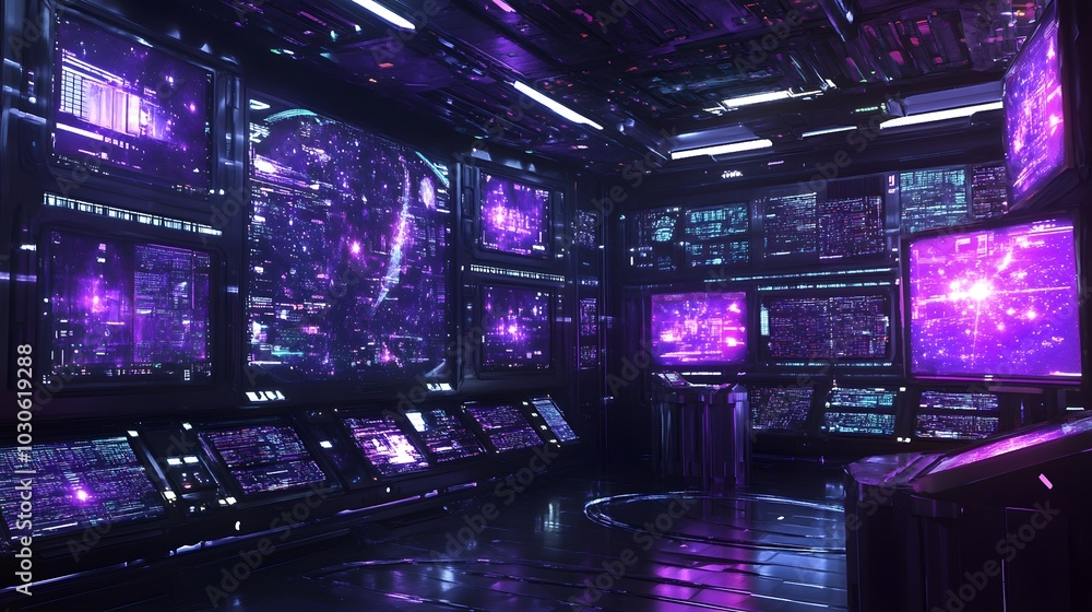 Fototapeta premium A futuristic museum showcasing retro-futuristic technology and spacecraft, surrounded by glowing screens and interactive holograms