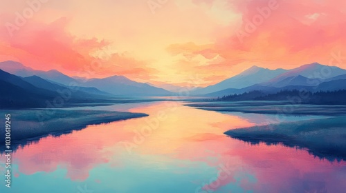 A calm river flowing through a pastel landscape, symbolizing steady progress. Serene River with Pastel Sunset Over Mountains