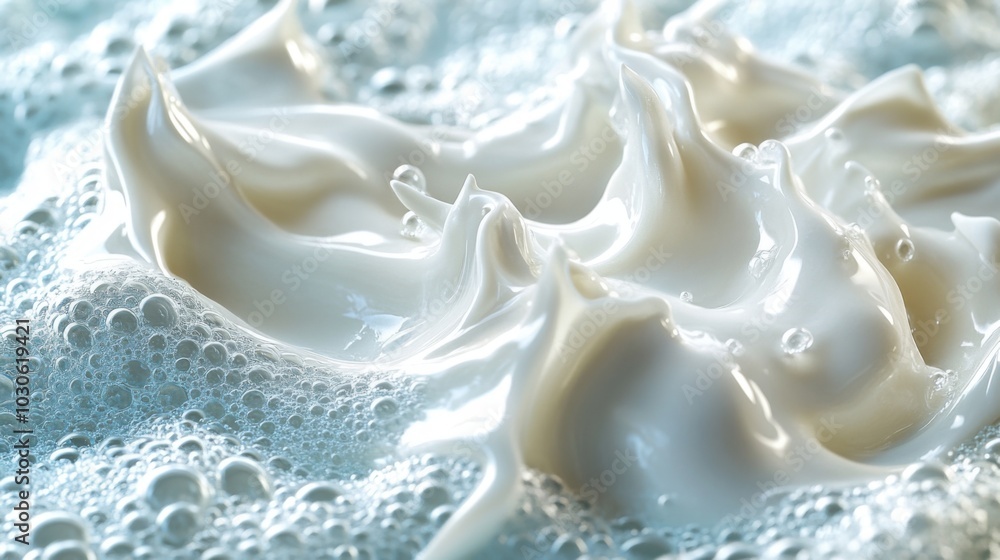 Close-up of white creamy liquid with air bubbles. Close-up of white creamy liquid with air bubbles.