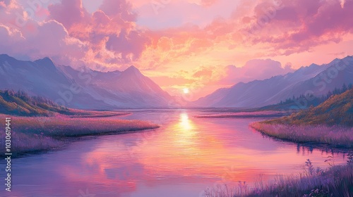 Wallpaper Mural A calm river flowing through a pastel landscape, symbolizing steady progress. Serene Pastel Landscape with Flowing River at Sunset Torontodigital.ca