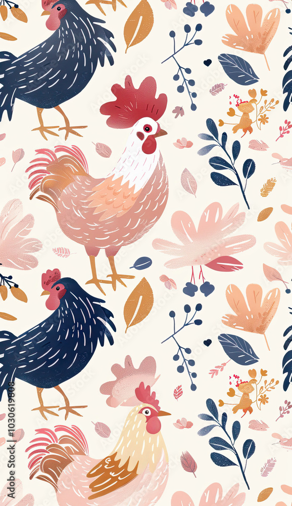 Fototapeta premium Beautiful Wallpaper with a Rooster Design, Ideal Farm Animal Poster or Graphic Resource for Creative Project, Ai Generative