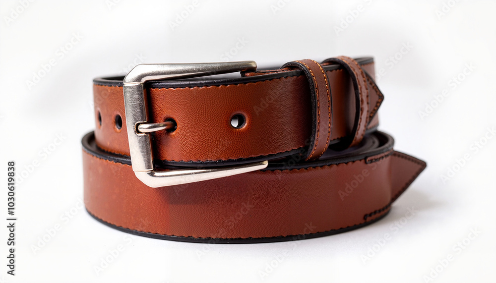 Brown leather belt rolled up with silver buckle on a white background Brown leather belt rolled up with silver buckle on a white background
