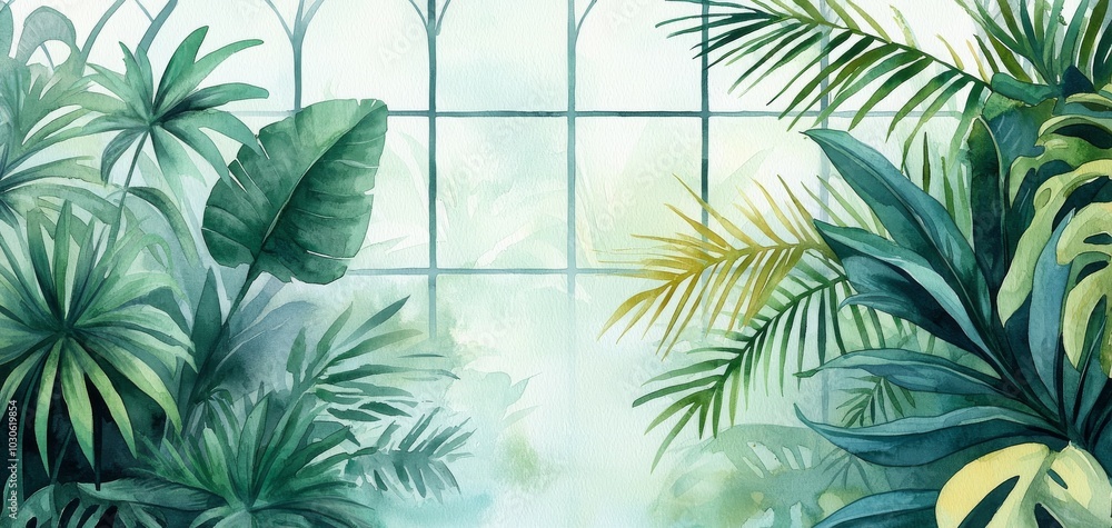 Lush greenery surrounding a tranquil greenhouse window. Lush greenery surrounding a tranquil greenhouse window.