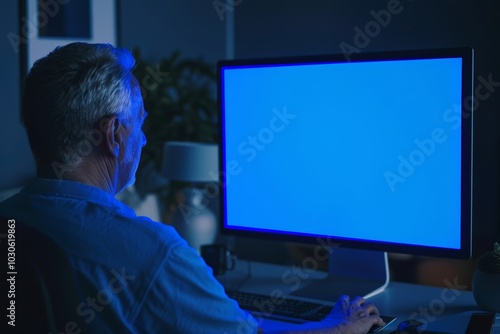 Digital mockup caucasian man in his 50s in front of a computer with a fully blue screen