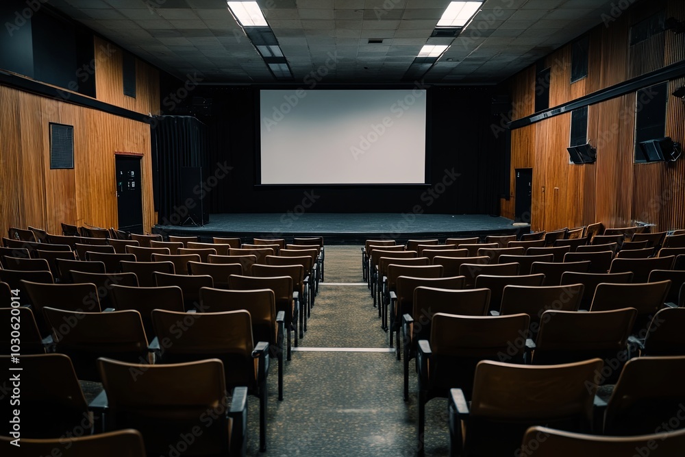 Empty theater with wooden seating and a blank screen ready for a movie at dusk, creating a quiet atmosphere. Generative AI Empty theater with wooden seating and a blank screen ready for a movie at dusk, creating a quiet atmosphere. Generative AI