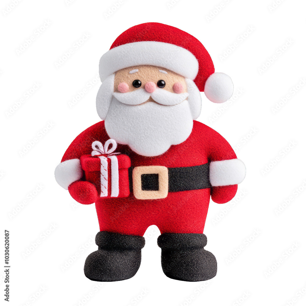 Playful 3D Santa Claus holding a tiny wrapped present with twinkling eyes isolated on a transparent background Playful 3D Santa Claus holding a tiny wrapped present with twinkling eyes isolated on a transparent background