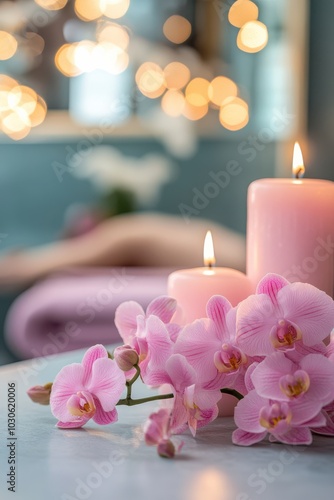 Relaxing spa atmosphere with flowers and candles on a blurred background