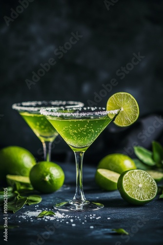 Refreshing green cocktails with lime and salt on a dark surface garnished with fresh limes