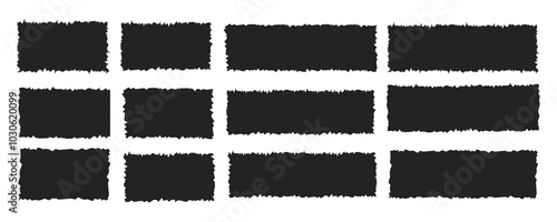 Tattered rectangle jagged edge text box, header border. Ripped and cutout paper torn strip. Collage shape of black paper silhouette