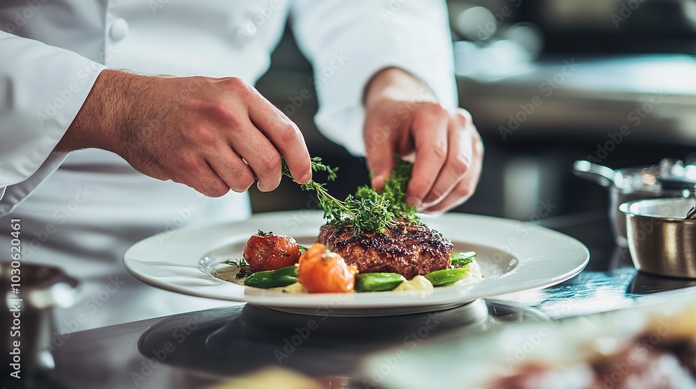Chef plating a gourmet dish with fresh herbs and colorful vegetables in a bustling restaurant kitchen during dinner service Chef plating a gourmet dish with fresh herbs and colorful vegetables in a bustling restaurant kitchen during dinner service