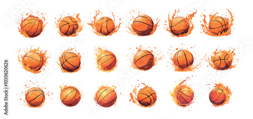 Fire trail basketball ball cartoon vector set. Fly dynamic soar burst meteor tail orange speed hot sport orb, flame fireball blazing comet burning scorching splashes tournament isolated icons