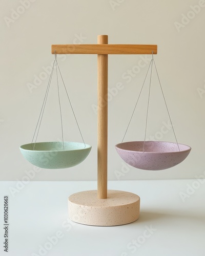 A minimalist balance scale with pastel weights, symbolizing harmony and balance in life. Minimalist Balance Scale with Pastel Weights