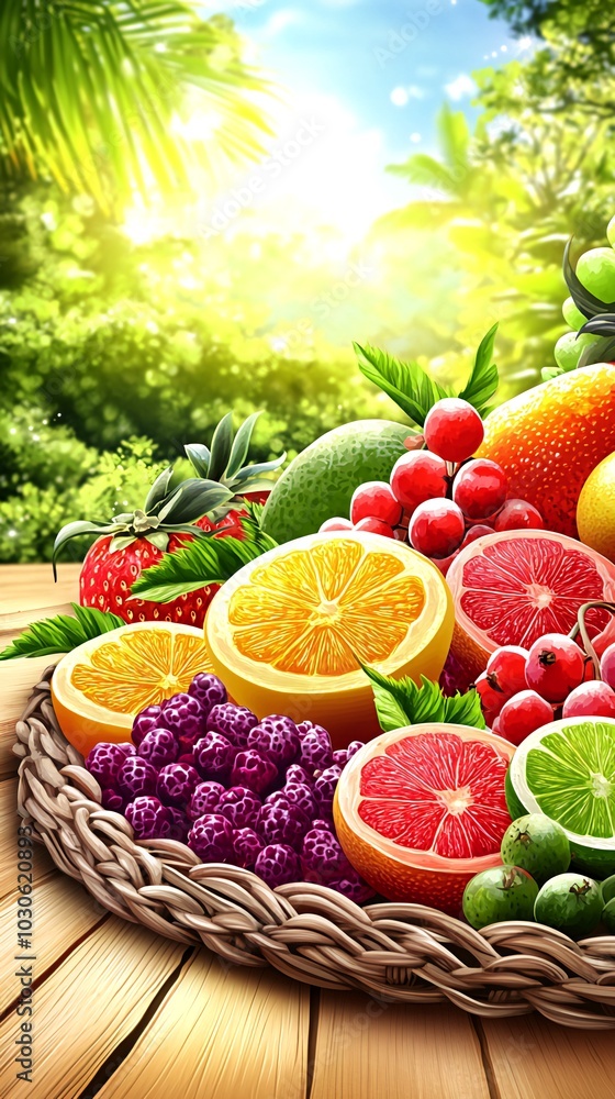 A vibrant assortment of fresh fruits, including oranges, grapes, strawberries, limes, and mangoes, arranged on a wicker basket in a lush green setting. A vibrant assortment of fresh fruits, including oranges, grapes, strawberries, limes, and mangoes, arranged on a wicker basket in a lush green setting.