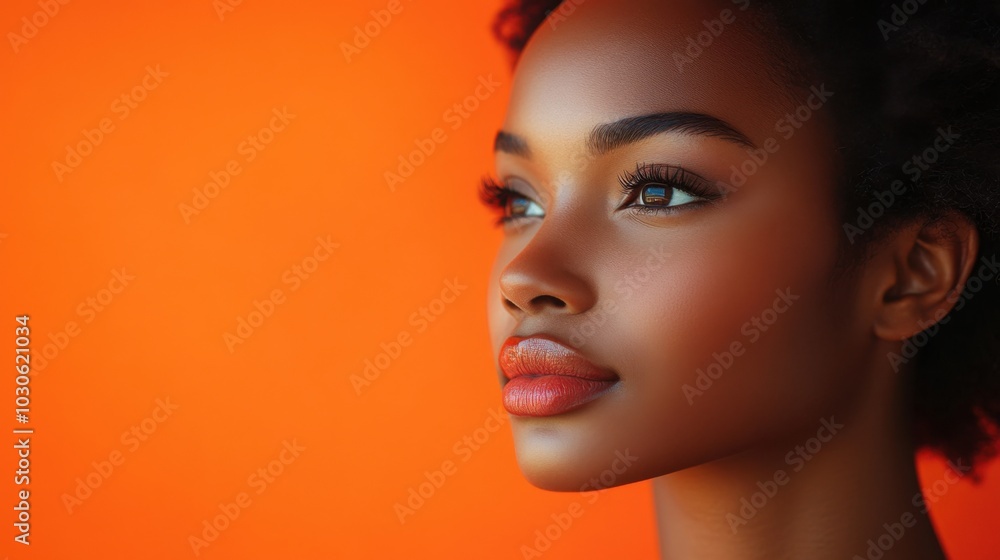 Close-up portrait of a beautiful young Black woman with dark hair and eyes looking off to the side against an orange background. Close-up portrait of a beautiful young Black woman with dark hair and eyes looking off to the side against an orange background.