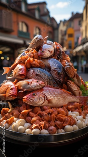 A Freshly Displayed Array of Seafood and fish on a Bustling Urban Street Setting, capturing the essence of local markets.