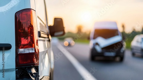Illustrate a rear view of a small business van after a car accident, showcasing the importance of home insurance