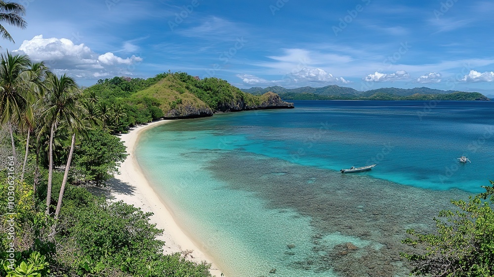 Tropical beach with golden sand and palm trees overlooking turquoise waters on a sunny day at a secluded coastal location Tropical beach with golden sand and palm trees overlooking turquoise waters on a sunny day at a secluded coastal location