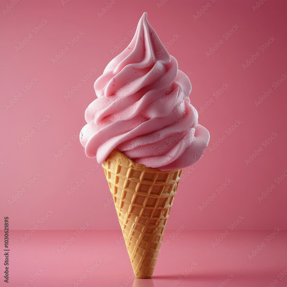 Delicious pink swirl ice cream cone against a vibrant pink background Delicious pink swirl ice cream cone against a vibrant pink background