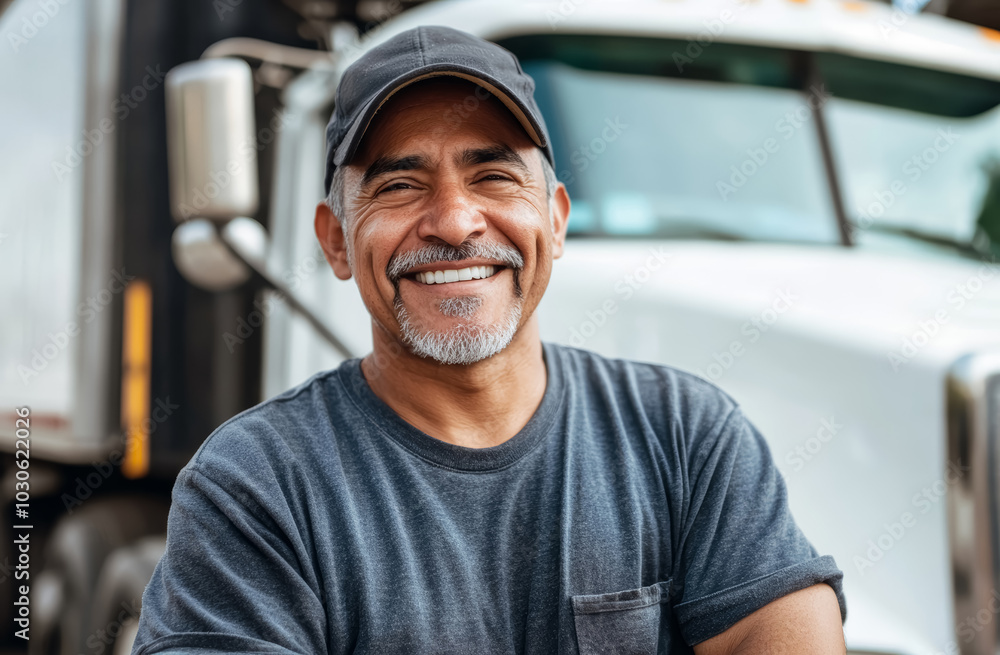 Portrait of a Hispanic American middle-aged truck driver in a baseball cap smiling and standing by his white semi-truck. Portrait of a Hispanic American middle-aged truck driver in a baseball cap smiling and standing by his white semi-truck.