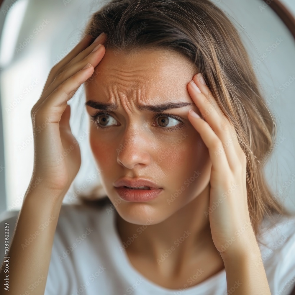 A woman appears distressed, holding her head in a contemplative expression. A woman appears distressed, holding her head in a contemplative expression.