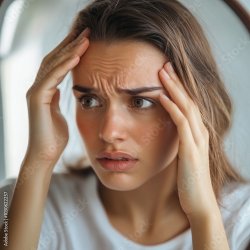 Wallpaper Mural A woman appears distressed, holding her head in a contemplative expression. Torontodigital.ca
