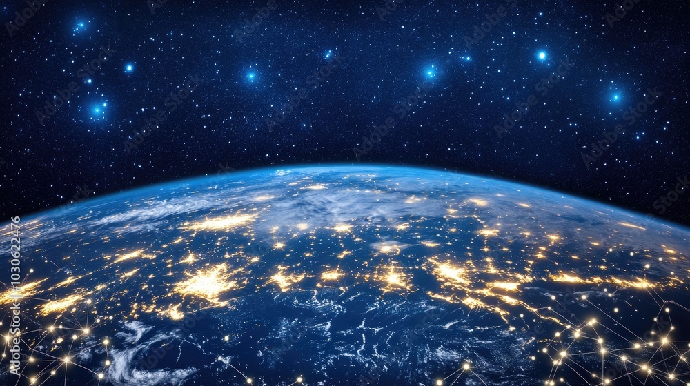 The beauty of Earth's nightscape unfolds from space, revealing city lights and roads sparkling in blue tones, illustrating human presence from a celestial perspective The beauty of Earth's nightscape unfolds from space, revealing city lights and roads sparkling in blue tones, illustrating human presence from a celestial perspective