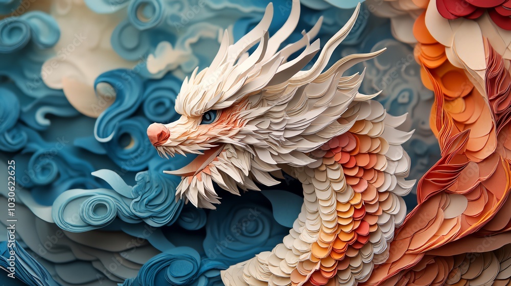 Obraz premium Layered paper cut origami dragon pattern with intricate scales, forming a bold, fantasythemed design, paper cut dragon, origami pattern design