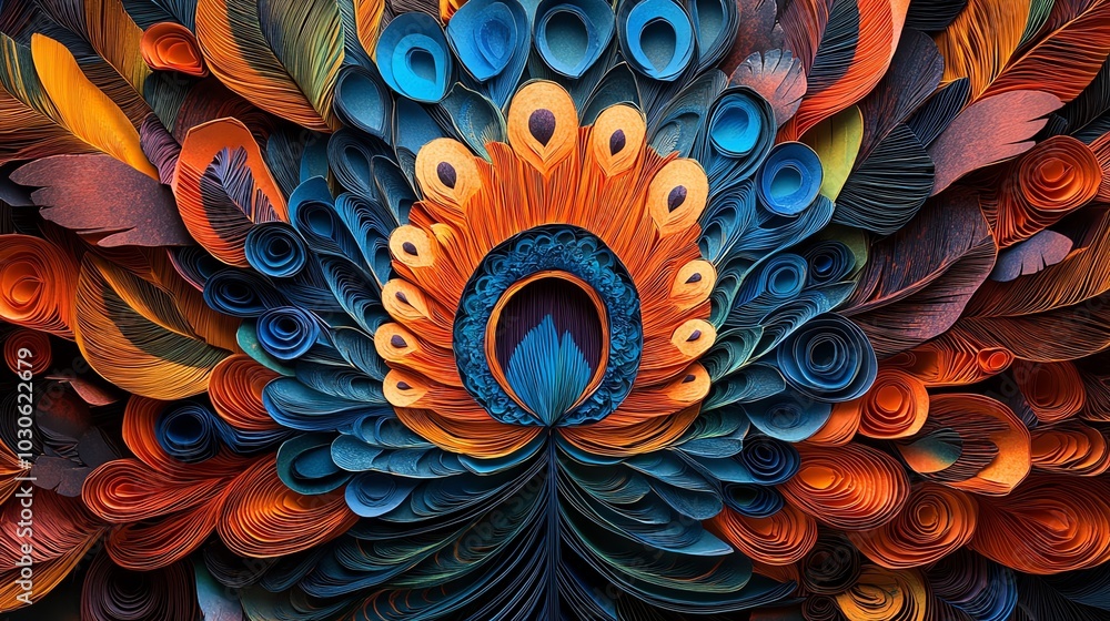 Layered paper cut origami peacock feather pattern with vibrant, intricate details, paper cut peacock feather, origami decorative pattern Layered paper cut origami peacock feather pattern with vibrant, intricate details, paper cut peacock feather, origami decorative pattern