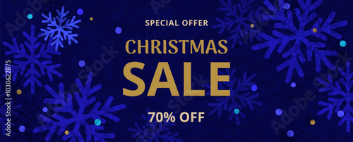Christmas and Winter Sale template. Blue background with snowflakes. Holiday vector illustration