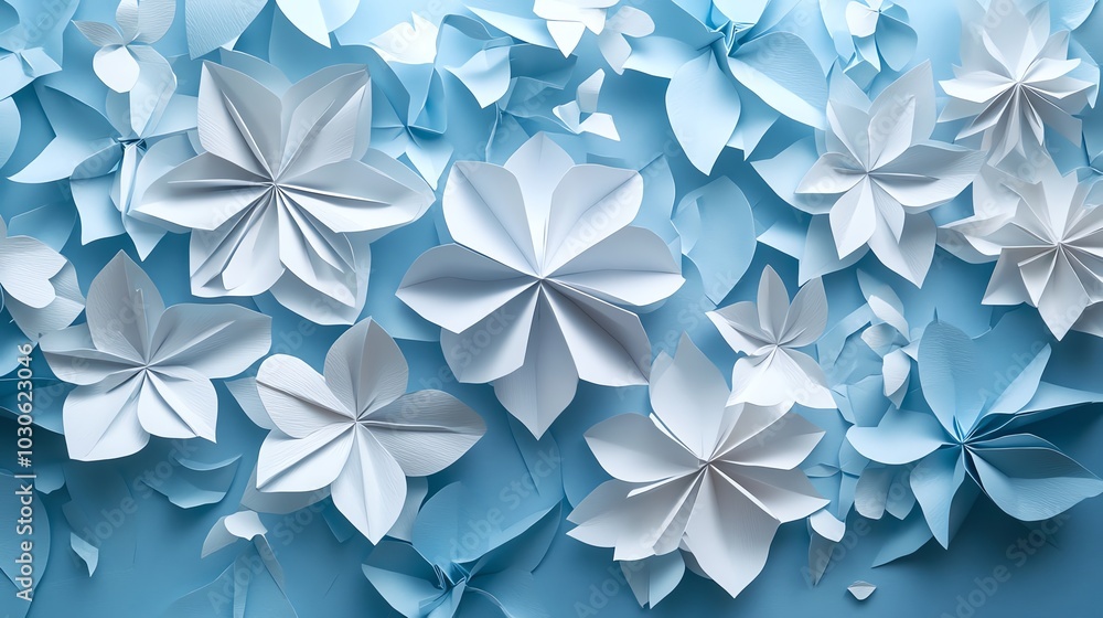 Repeating paper cut origami flower pattern with sharp geometric folds, ideal for floral decor, paper cut flowers, origami floral pattern Repeating paper cut origami flower pattern with sharp geometric folds, ideal for floral decor, paper cut flowers, origami floral pattern