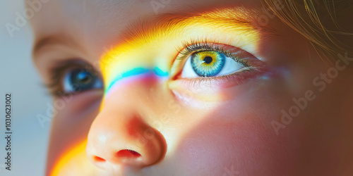 Close-up of child's eyes illuminated by rainbow light photo