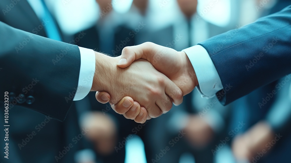 Business professionals engaging in a handshake during a corporate meeting in a modern office setting Business professionals engaging in a handshake during a corporate meeting in a modern office setting