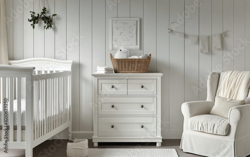 Cozy and elegant nursery featuring a crib, dresser, and comfortable armchair in soft colors