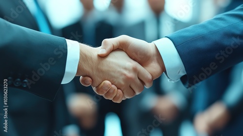 Business professionals engaging in a handshake during a corporate meeting in a modern office setting