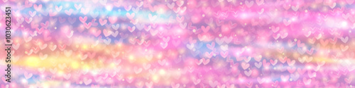 Iridescent candy unicorn bg with hearts and lights as a seamless pattern. Gradient mesh soft rainbow sky with overlay effects. Sweet abstract vector illustration