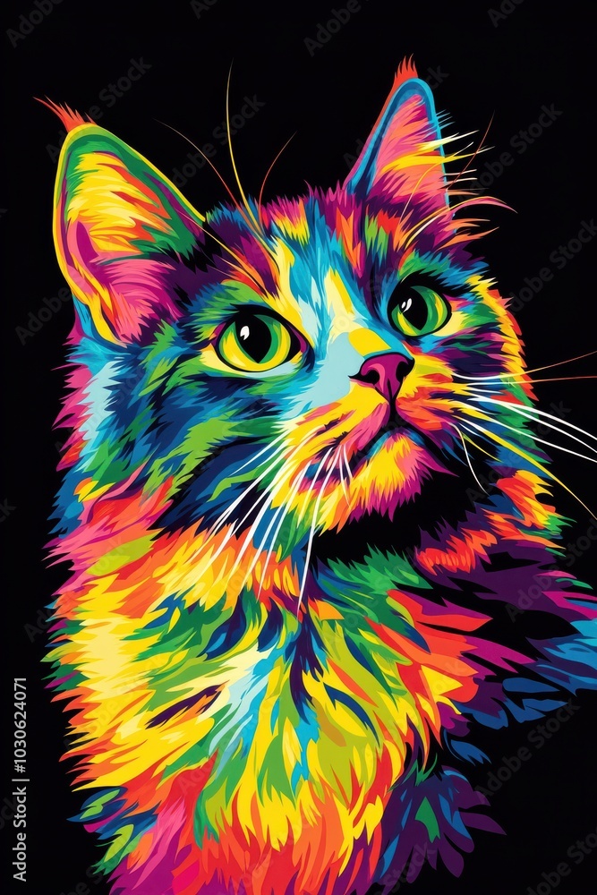 Bold and Colorful Cat Head on Dark Background Bold and Colorful Cat Head on Dark Background