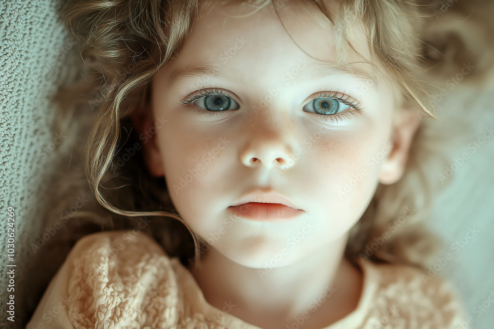 Serene child with mesmerizing blue eyes relaxing on fabric in gentle light Serene child with mesmerizing blue eyes relaxing on fabric in gentle light
