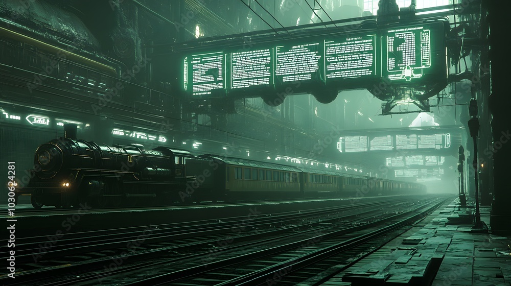 Naklejka premium A futuristic train station on an alien planet, with vintage train cars and holographic schedules displayed above the tracks