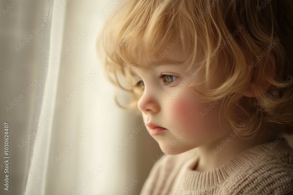 Dreamy child looking out window with soft natural light and curly hair Dreamy child looking out window with soft natural light and curly hair