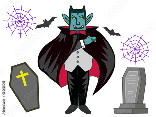 ハロウィンのドラキュラと棺桶とクモの巣とコウモリとお墓