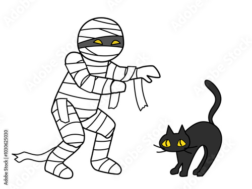 ハロウィンのミイラ男と黒猫