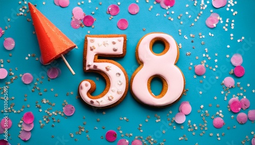 Decorated cookie, number 58, image for birthday or anniversary celebration