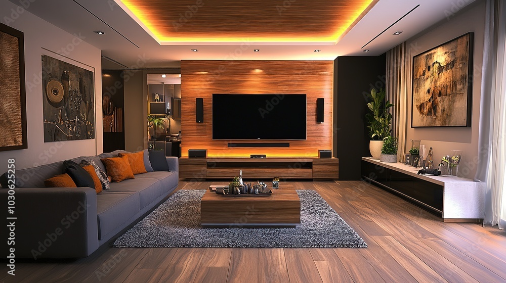 Modern living room with sunset view featuring large TV, cozy seating, and warm lighting in a contemporary home at dusk Modern living room with sunset view featuring large TV, cozy seating, and warm lighting in a contemporary home at dusk