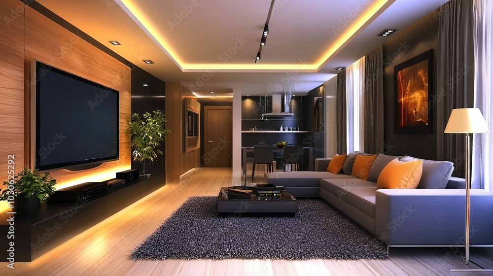 Modern living room with sunset view featuring large TV, cozy seating, and warm lighting in a contemporary home at dusk Modern living room with sunset view featuring large TV, cozy seating, and warm lighting in a contemporary home at dusk