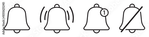 Notification bell icon for incoming inbox message. Notification bell icon set. Alarm symbol. Vector ringing bell and notification number sign for alarm clock and smartphone application alert.