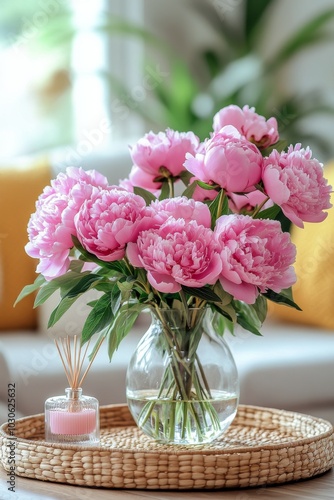 Bright pink peonies in a glass vase displayed on a woven tray in a cozy living room setting