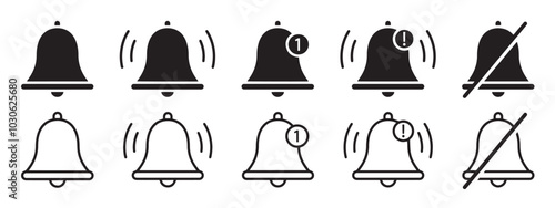 Notification bell icon for incoming inbox message. Notification bell icon set. Alarm symbol. Vector ringing bell and notification number sign for alarm clock and smartphone application alert.