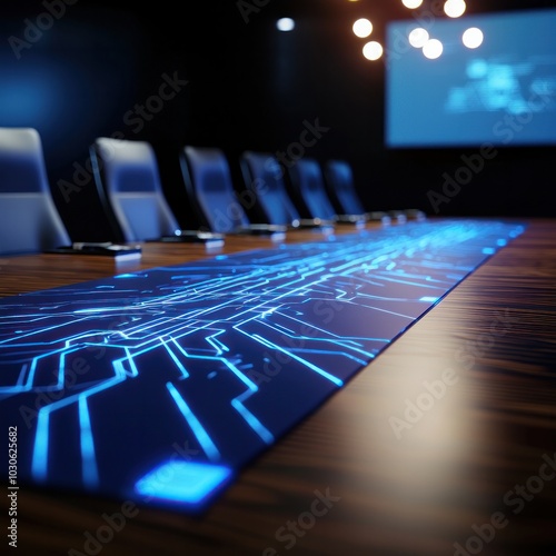 Illustrate a vivid eye-level angle of a futuristic data protection board meeting, showcasing preventive measures in a digital, photorealistic style